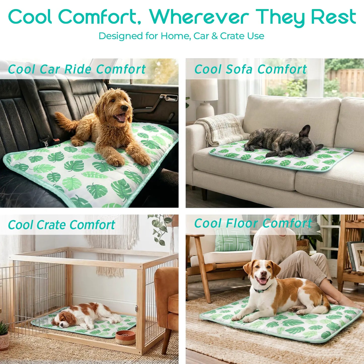 Dog and Cat Cooling Mat - Soft, Breathable Self-Cooling Pad for Pet Beds, 23" x 18" Non-Slip Washable Mat for Indoor and Outdoor Use, Leaf Design
