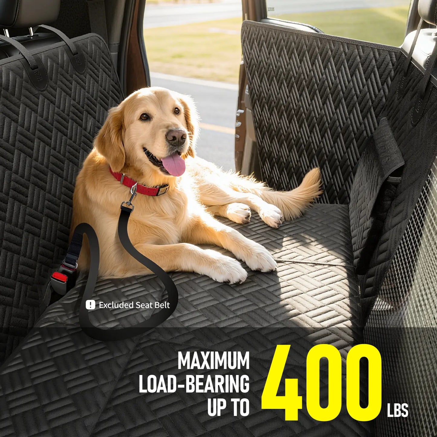 Premium Dog Car Seat Cover with Reinforced Base, Supports up to 400 lbs | Innovative Waterproof Dog Hammock Back Seat Extender for Cars, SUVs, and Full-Size Trucks (Available in Small and Large Sizes)