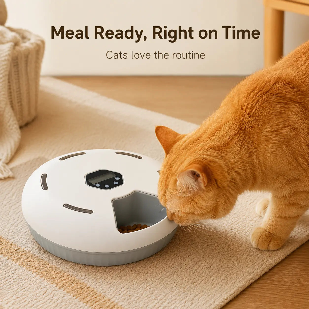 Timed Automatic Cat Feeder with 6 Meals - Detachable Rotating Wet & Dry Food Dispenser with Ice Packs, Battery Operated for Kittens and Small Dogs, White