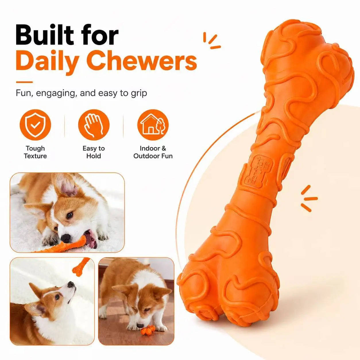 Durable Textured Rubber Chew Bone Toy for Small Dogs - Interactive Dental Toy for Teeth Cleaning and Play - Orange