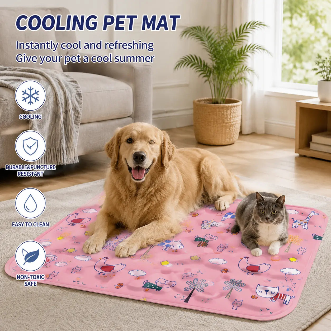 Cotton Cooling Dog Mat - Contemporary Geometric Design with Heart-Snap, Washable Non-Slip Pet Pad for Crate and Floor Use, Ideal for Small to Large Dogs
