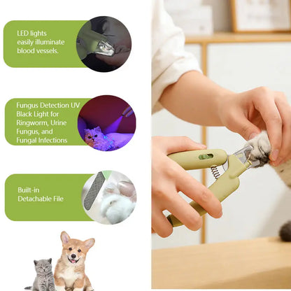 Professional LED and UV Nail Trimmer for Pets with Sharp Blades, Integrated Nail File, Nail Collector, and Ergonomic Non-Slip Handle for Safe Grooming of All Sizes