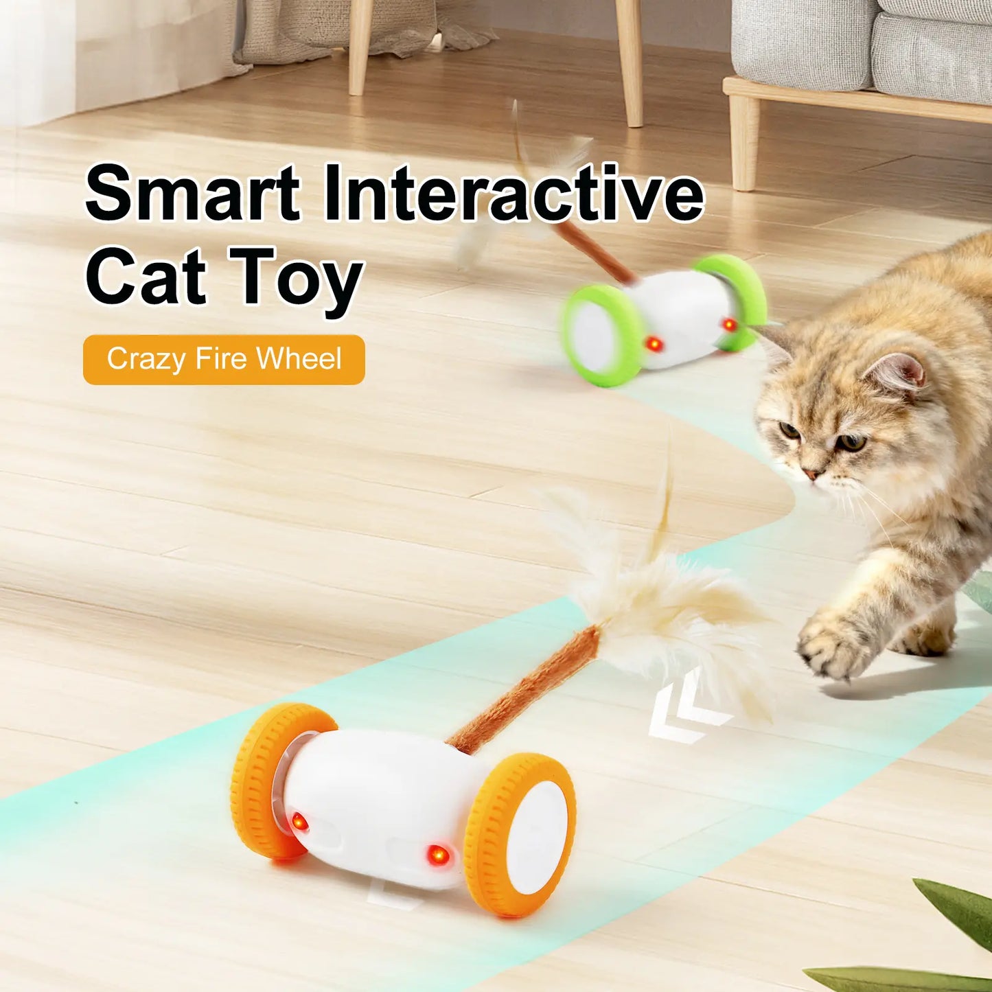 Intelligent Auto-Steering Cat Toy with LED Lighting, Fluttering Feather, 180° Flip Technology, and Touch Activation - Long Battery Life and Safe for All Breeds and Ages
