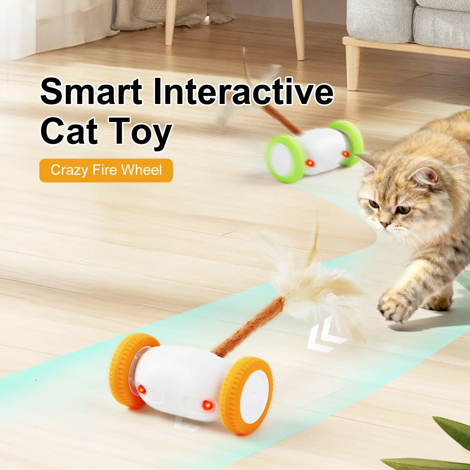 Intelligent Auto-Steering Cat Toy with LED Lighting, Fluttering Feather, 180° Flip Technology, and Touch Activation - Long Battery Life and Safe for All Breeds and Ages