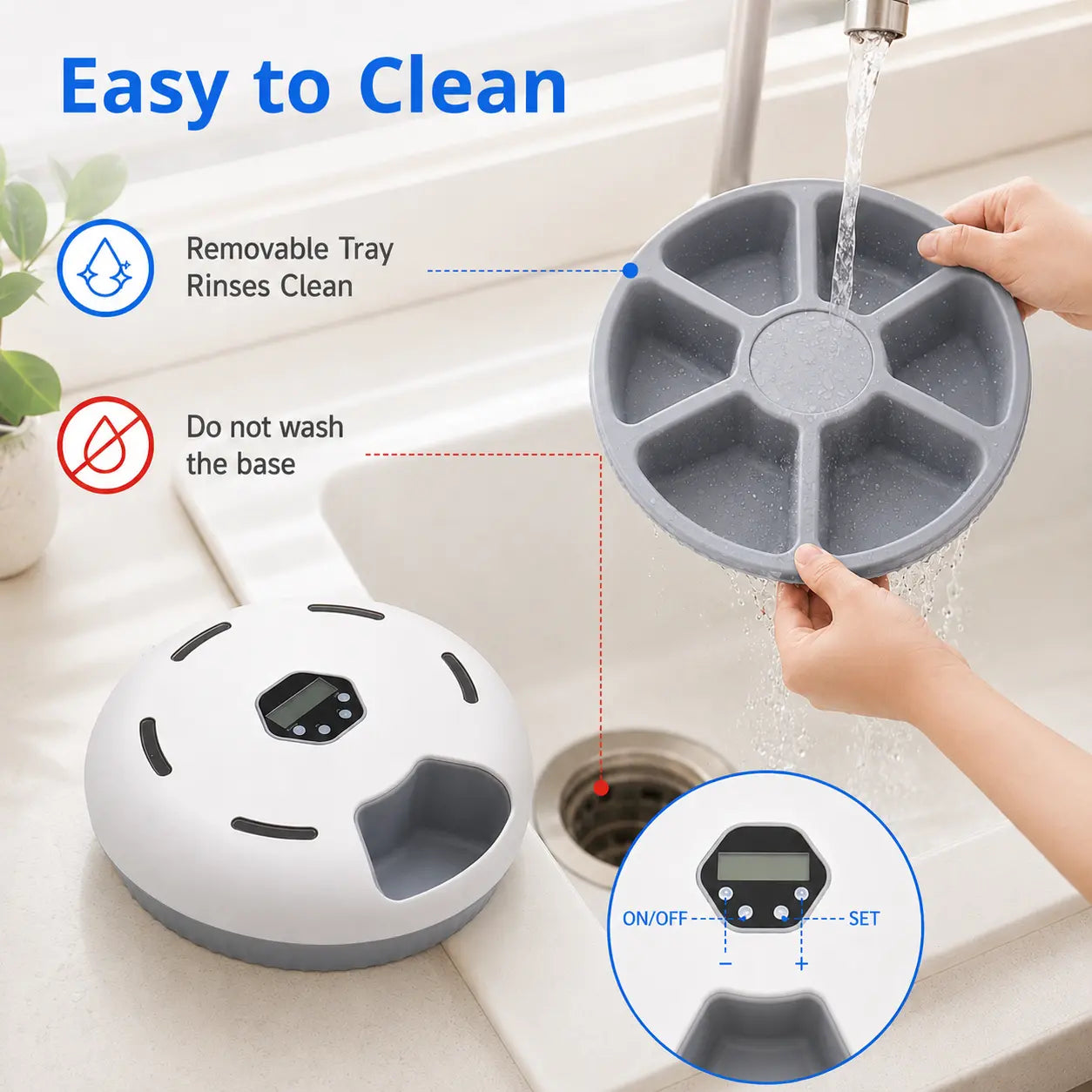 Timed Automatic Cat Feeder with 6 Meals - Detachable Rotating Wet & Dry Food Dispenser with Ice Packs, Battery Operated for Kittens and Small Dogs, White