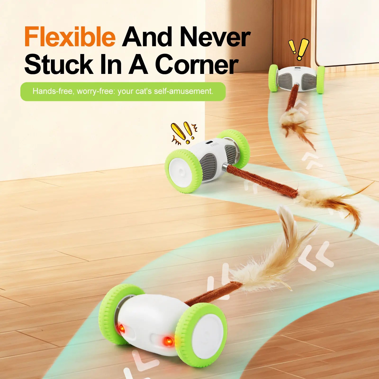 Intelligent Auto-Steering Cat Toy with LED Lighting, Fluttering Feather, 180° Flip Technology, and Touch Activation - Long Battery Life and Safe for All Breeds and Ages