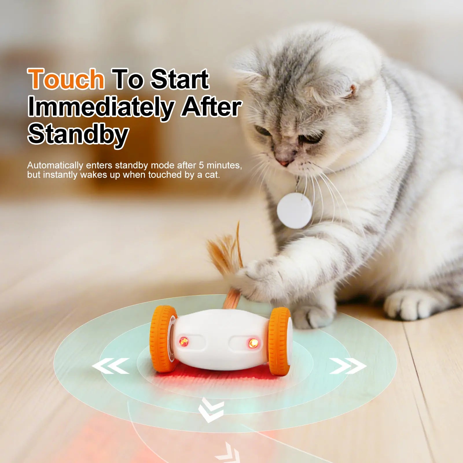 Intelligent Auto-Steering Cat Toy with LED Lighting, Fluttering Feather, 180° Flip Technology, and Touch Activation - Long Battery Life and Safe for All Breeds and Ages