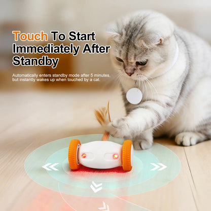 Intelligent Auto-Steering Cat Toy with LED Lighting, Fluttering Feather, 180° Flip Technology, and Touch Activation - Long Battery Life and Safe for All Breeds and Ages