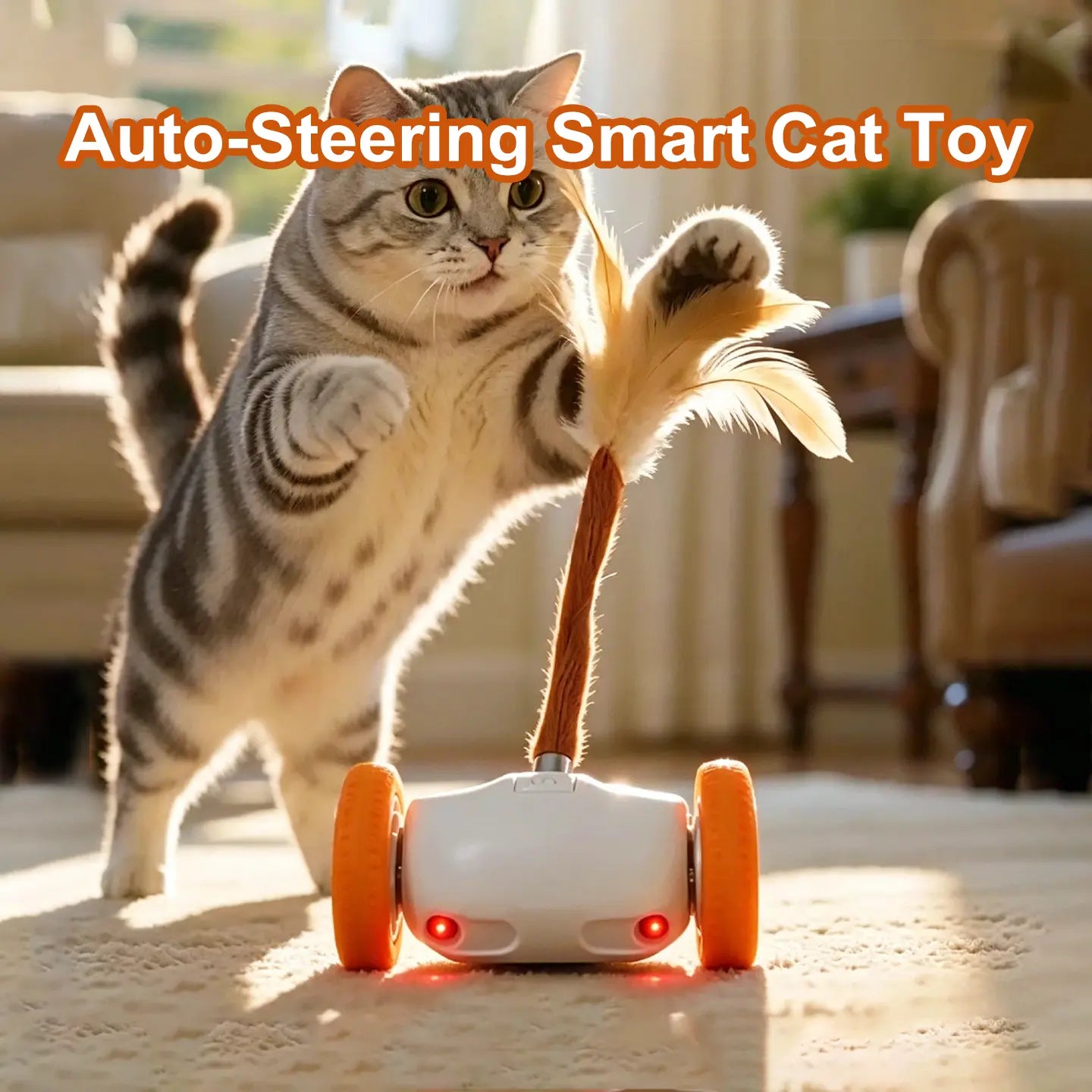 Intelligent Auto-Steering Cat Toy with LED Lighting, Fluttering Feather, 180° Flip Technology, and Touch Activation - Long Battery Life and Safe for All Breeds and Ages