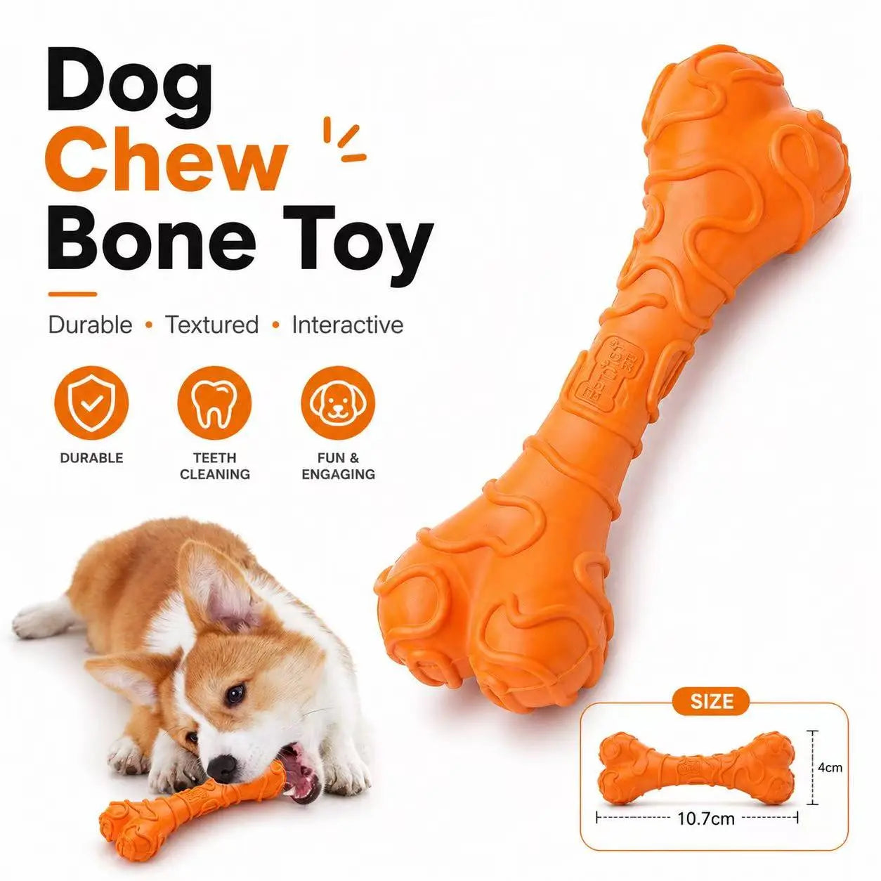 Durable Textured Rubber Chew Bone Toy for Small Dogs - Interactive Dental Toy for Teeth Cleaning and Play - Orange