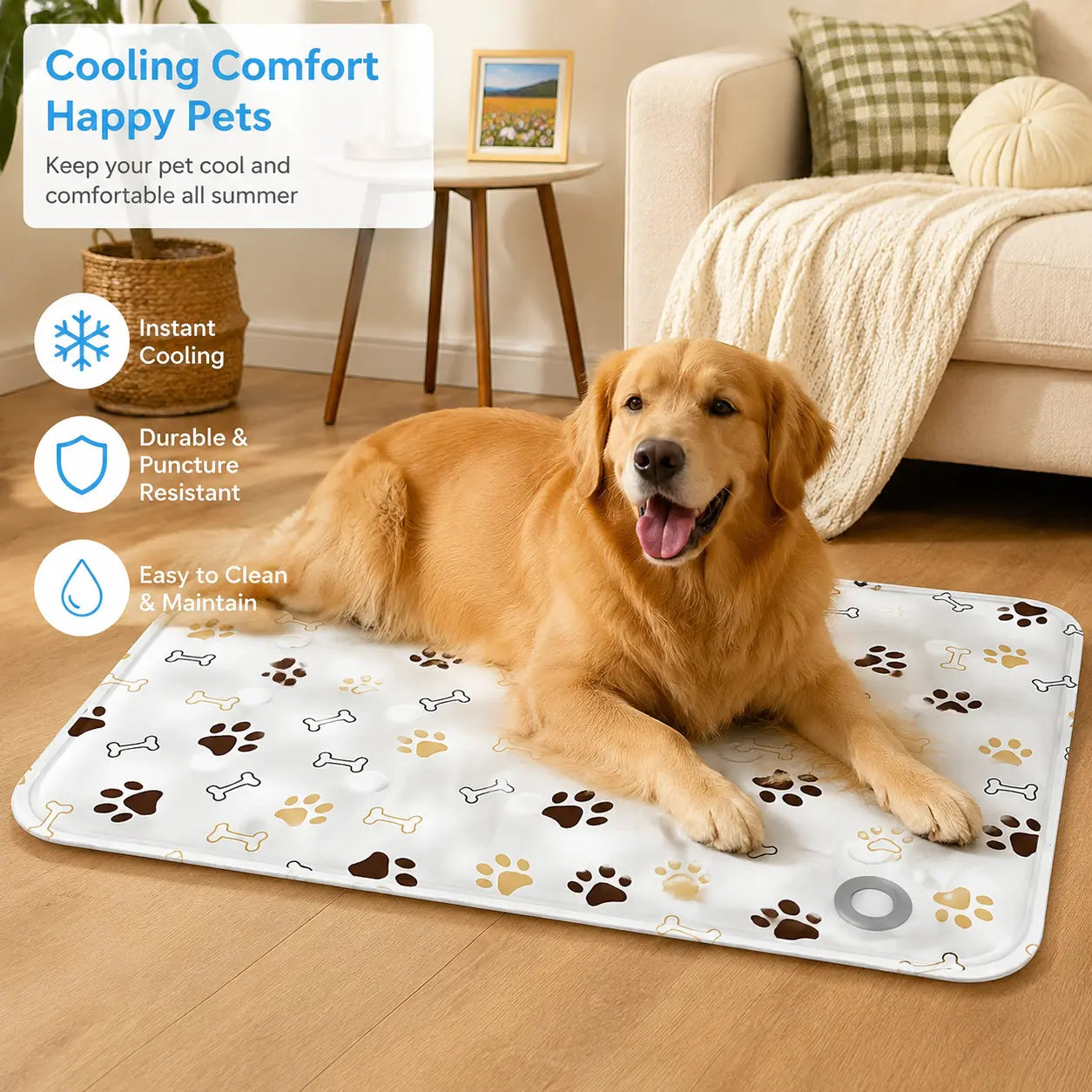 Cotton Cooling Dog Mat - Contemporary Geometric Design with Heart-Snap, Washable Non-Slip Pet Pad for Crate and Floor Use, Ideal for Small to Large Dogs