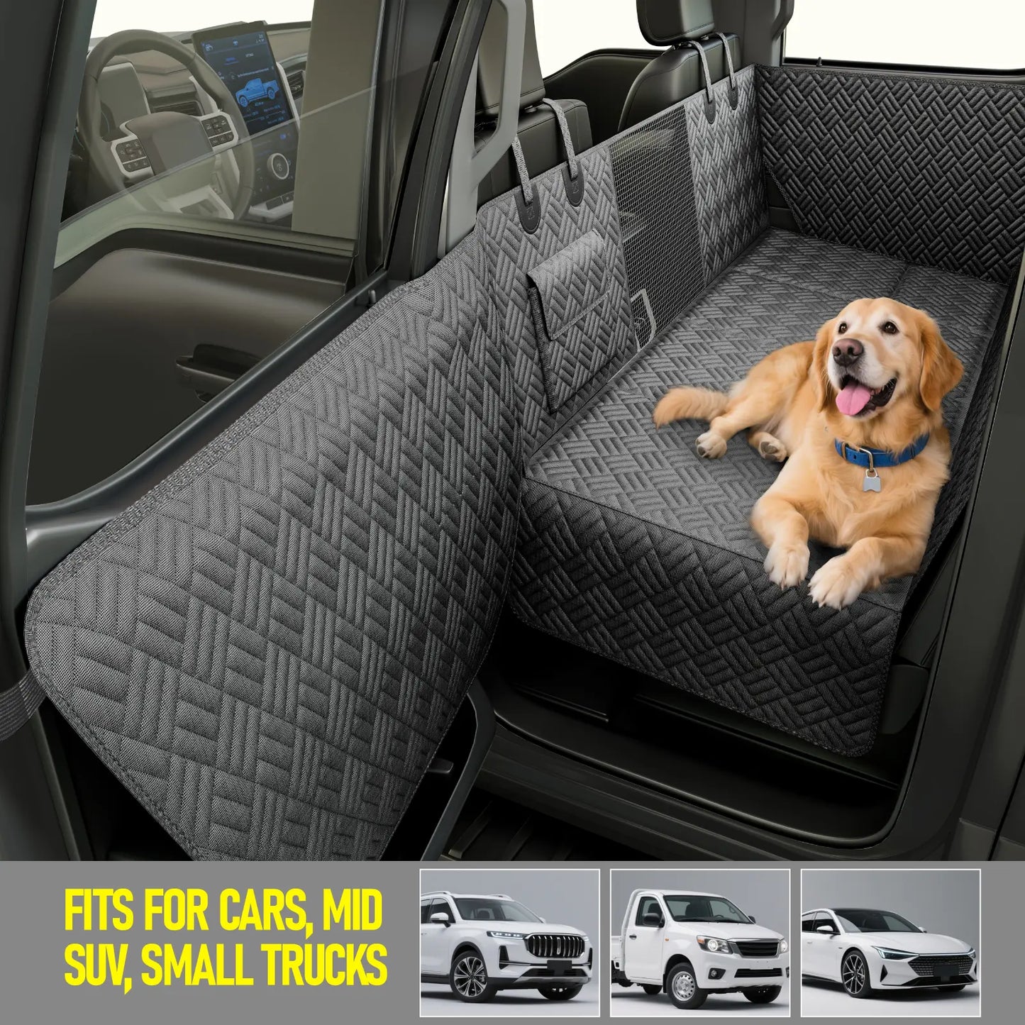 Premium Dog Car Seat Cover with Reinforced Base, Supports up to 400 lbs | Innovative Waterproof Dog Hammock Back Seat Extender for Cars, SUVs, and Full-Size Trucks (Available in Small and Large Sizes)