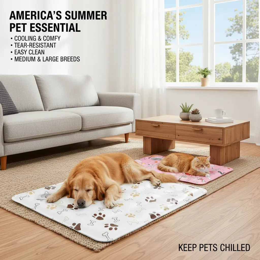 Cotton Cooling Dog Mat - Contemporary Geometric Design with Heart-Snap, Washable Non-Slip Pet Pad for Crate and Floor Use, Ideal for Small to Large Dogs
