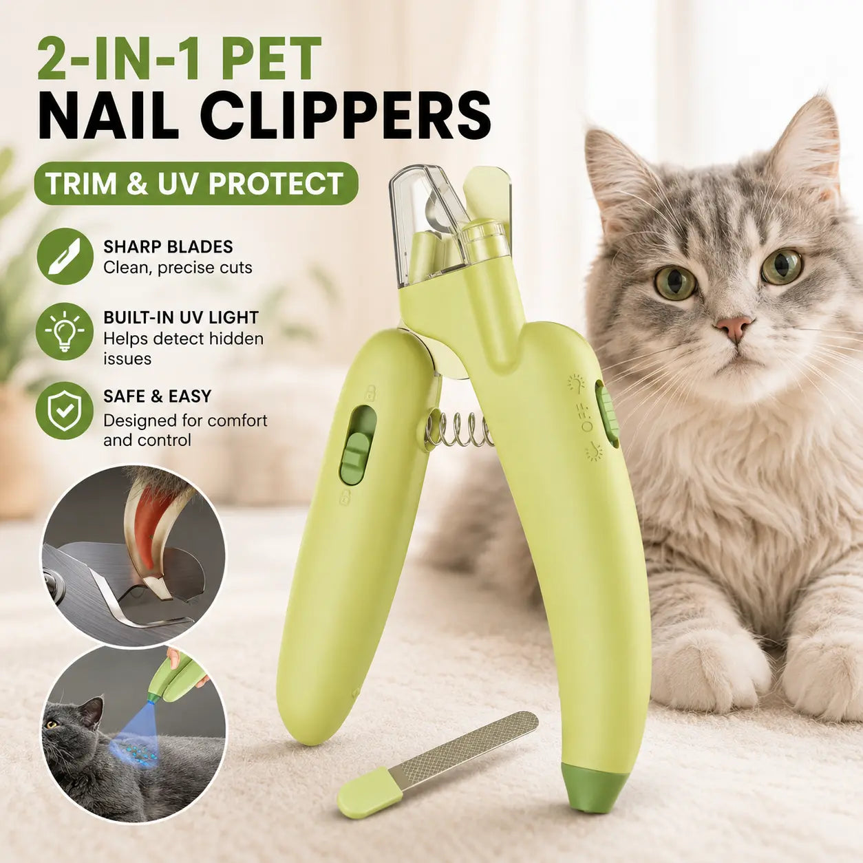 Professional LED and UV Nail Trimmer for Pets with Sharp Blades, Integrated Nail File, Nail Collector, and Ergonomic Non-Slip Handle for Safe Grooming of All Sizes