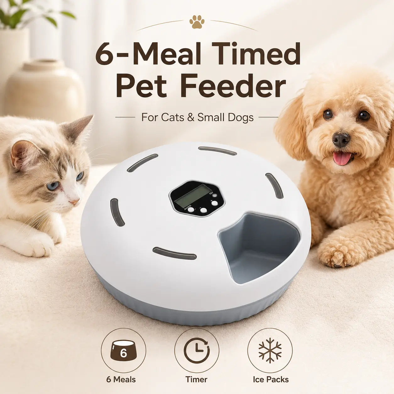 Timed Automatic Cat Feeder with 6 Meals - Detachable Rotating Wet & Dry Food Dispenser with Ice Packs, Battery Operated for Kittens and Small Dogs, White