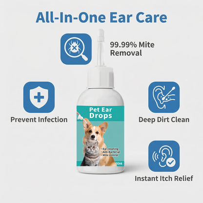 Pet Ear Cleaner Drops for Dogs and Cats - Effective Treatment for Ear Infections and Mites, Optimal Ear Care Solution for Grooming