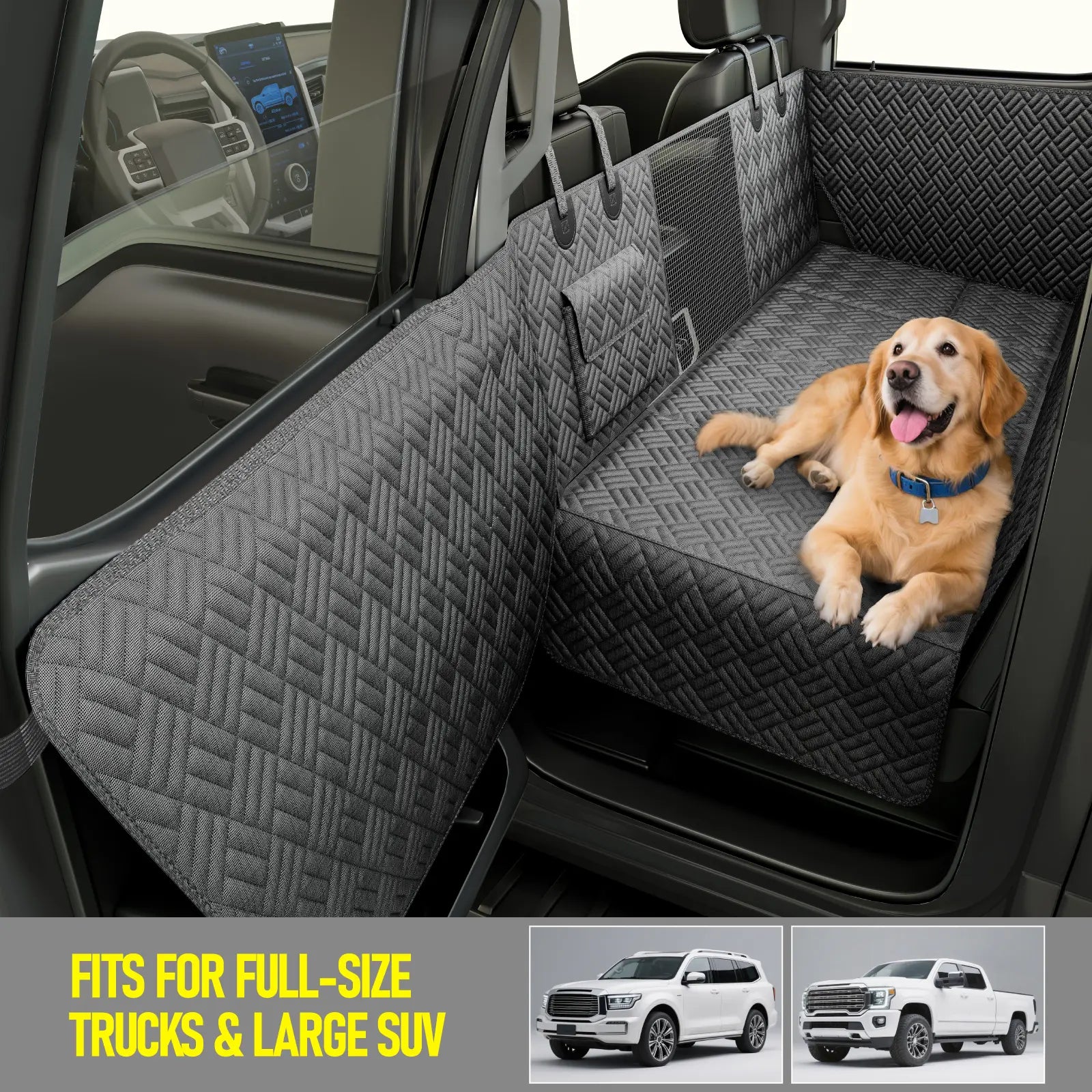 Premium Dog Car Seat Cover with Reinforced Base, Supports up to 400 lbs | Innovative Waterproof Dog Hammock Back Seat Extender for Cars, SUVs, and Full-Size Trucks (Available in Small and Large Sizes)