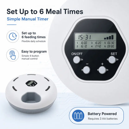 Timed Automatic Cat Feeder with 6 Meals - Detachable Rotating Wet & Dry Food Dispenser with Ice Packs, Battery Operated for Kittens and Small Dogs, White