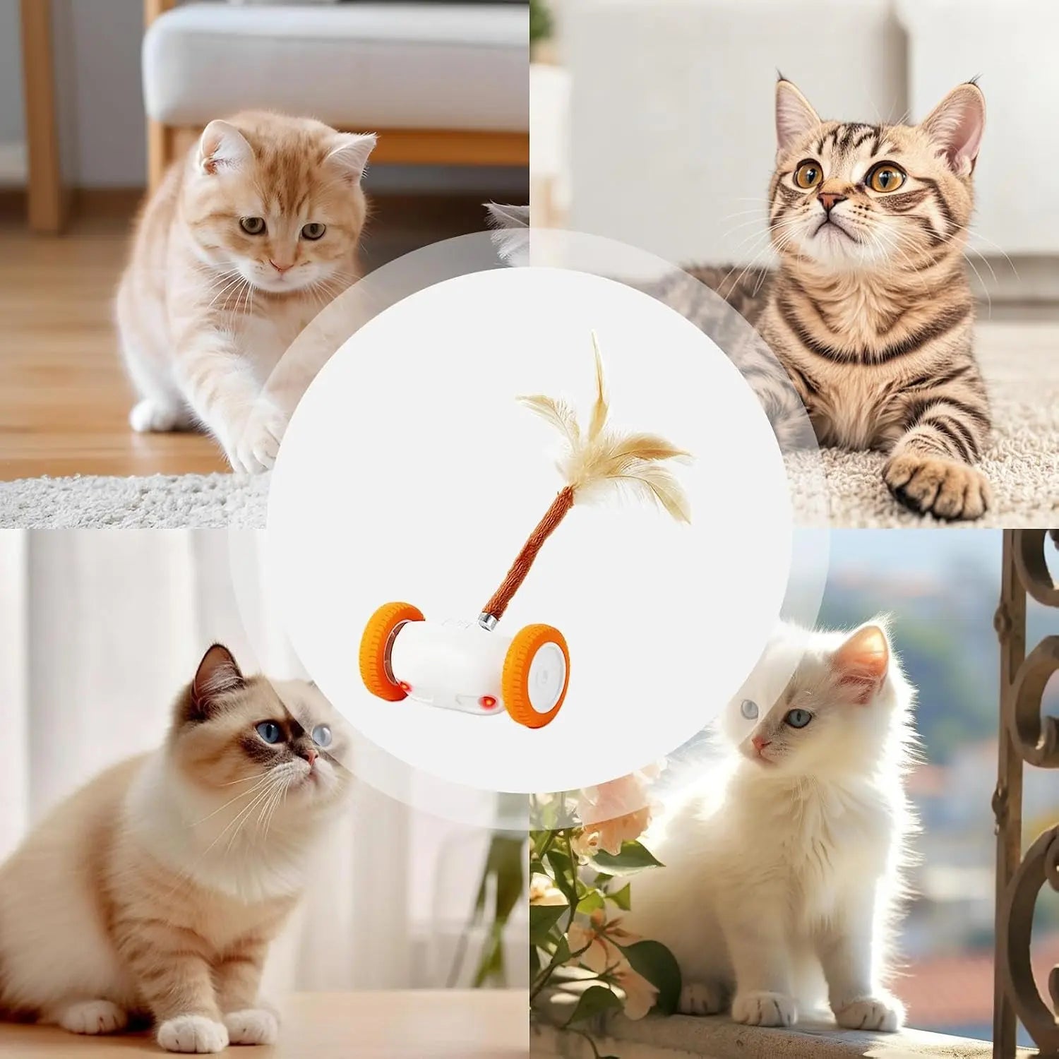 Intelligent Auto-Steering Cat Toy with LED Lighting, Fluttering Feather, 180° Flip Technology, and Touch Activation - Long Battery Life and Safe for All Breeds and Ages