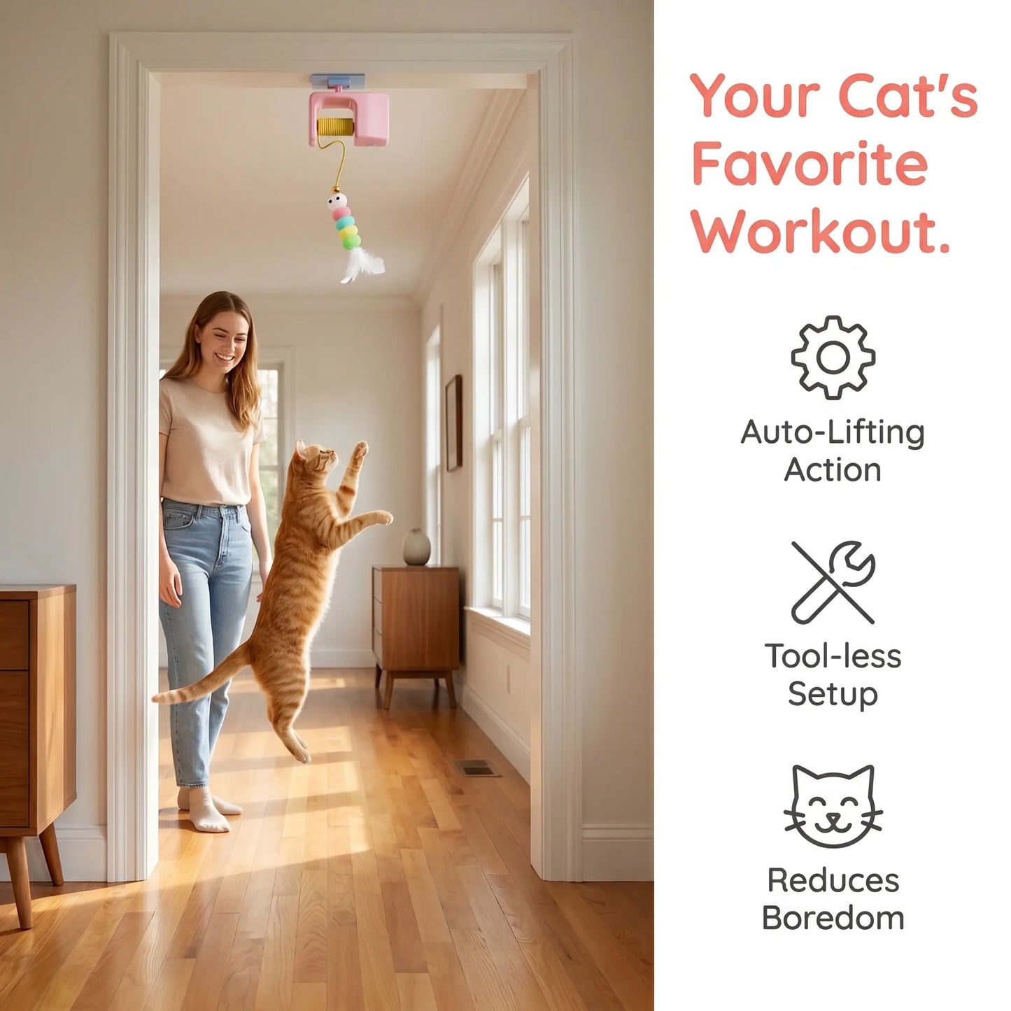 Interactive Retractable Bungee Cat Toy - Automatic USB Rechargeable Hanging Door Teaser for Indoor Play, Exercise, and Pet Training