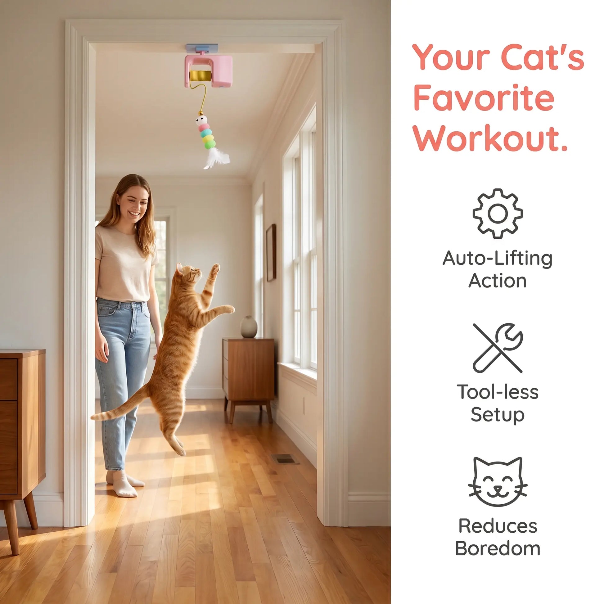 Interactive Retractable Bungee Cat Toy - Automatic USB Rechargeable Hanging Door Teaser for Indoor Play, Exercise, and Pet Training
