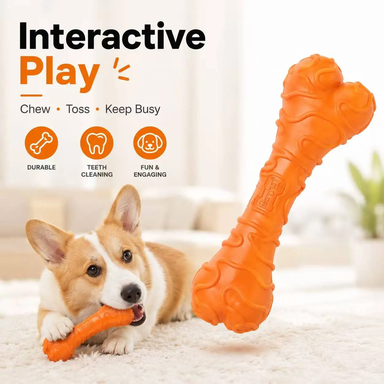 Durable Textured Rubber Chew Bone Toy for Small Dogs - Interactive Dental Toy for Teeth Cleaning and Play - Orange